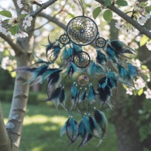 atrapasueños-arbol-de-la-vida Atrapasueños negro y azul 60 cm con Árbol de la Vida y 7 chakras en el centro y plumas decorativas espirituales.