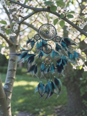 atrapasueños-arbol-de-la-vida Atrapasueños negro y azul 60 cm con Árbol de la Vida y 7 chakras en el centro y plumas decorativas espirituales.