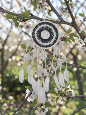 Atrapasueños blanco y negro 21x57 cm con diseño místico y red central decorativa.