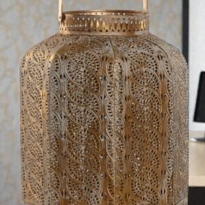 farol-arabe-grande-portavelas Portavela de Metal Dorado Grande 25x25x40 cm | Decoración Elegante con Luz Cálida
