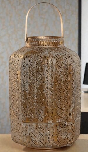 Portavela de Metal Dorado Grande 25x25x40 cm | Decoración Elegante con Luz Cálida