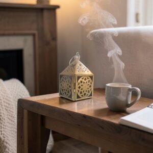 Farolillo Mandala Aura Eterna de metal 10 cm con flor central rodeada por círculo y luz de vela proyectando sombras místicas.