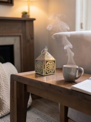 farolillo-metal-arabe-flor-circulo Farolillo Mandala Aura Eterna de metal 10 cm con flor central rodeada por círculo y luz de vela proyectando sombras místicas.